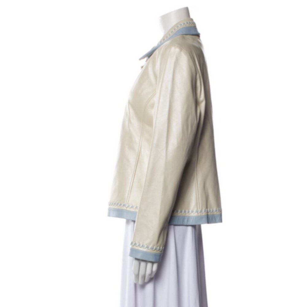 ST. JOHN Ivory 100% Leather Jacket w/ Baby Blue & White Braided  Trim - Picture 3 of 10